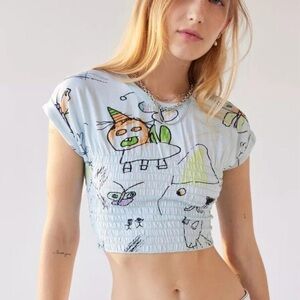 Urban Outfitters Size Medium Sky Blue Sketch Doodle Smocked Cropped Baby Tee